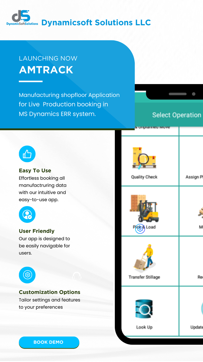 dsFactory manufacturing shop-floor application promotional banner, showing the mobile app's Select Operation screen with quality check, pick and load, and transfer stillage options.
