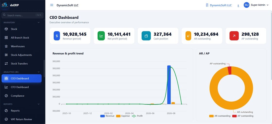 dsERP CEO dashboard with revenue, profit, AR and AP
