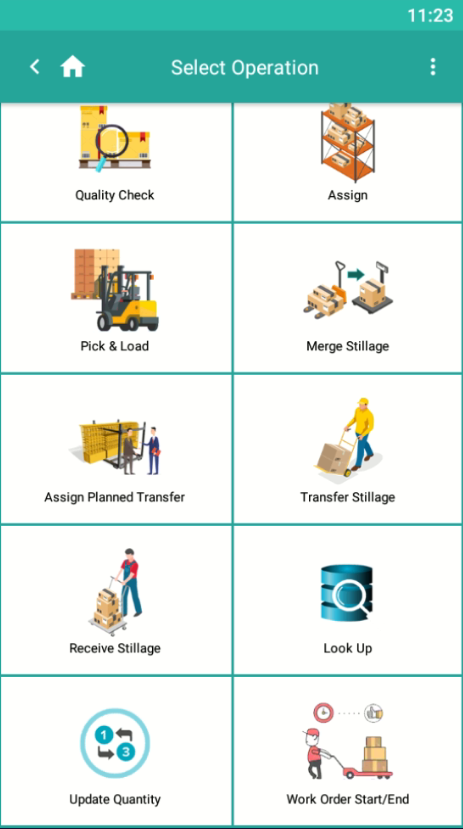 dsFactory mobile app: Select Operation screen with Quality Check, Pick and Load, Merge Stillage and Work Order Start/End