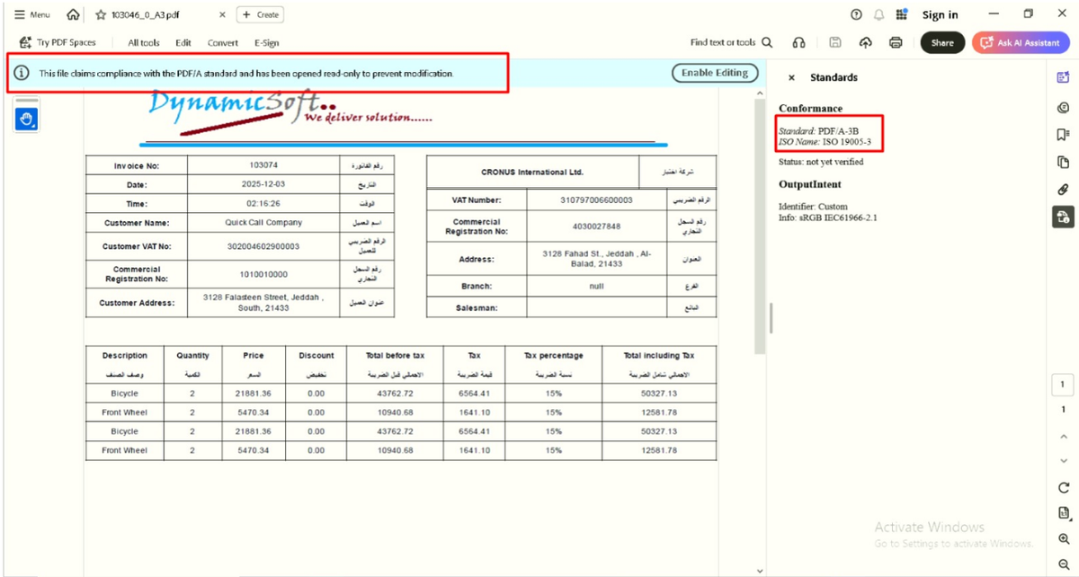 A PDF/A-3 compliant e-invoice open in a PDF viewer, showing the PDF/A-3B conformance standard and ISO 19005-3 name in the file's document properties.